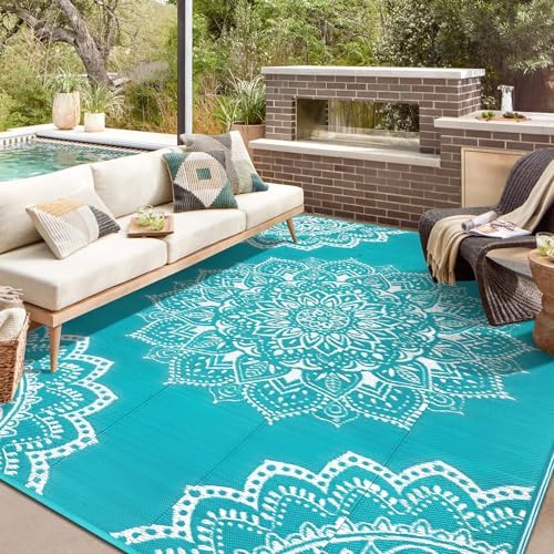 Yamaziot Waterproof Outdoor Rug 8x10 ft, Reversible Plastic Straw Rug for Patio Clearance, Camping, RV Mat, Large Outside Rug Carpet for Porch, Deck, Backyard, Balcony, Picnic (Blue) by Yamaziot