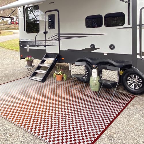 Wonnitar Waterproof 8x10 Outdoor Rug - Orange Red Ombre Checkered Patio Rug, Large Reversible Outside Mat for RV Deck Balcony, Lightweight Colorful Outdoor Camping Carpet - Image 6