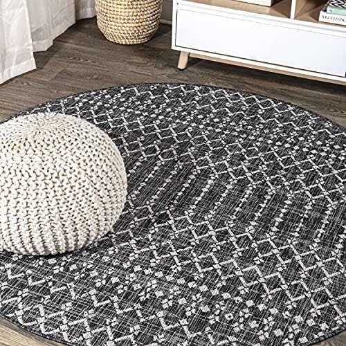 Eyely Moroccan Textured Weave Round Rug 5 Ft Black/Gray, Indoor Outdoor Rug by eyely