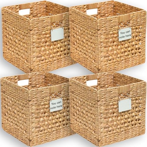 Water Hyacinth Storage Baskets Set of 4, 12 Inch Woven Cube Bins for Shelf and Cubby Organizer, Wicker Baskets for Blankets Towels and Toys, Seagrass Organization Bins for Closet and Living Room by SOKFARM