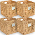 Water Hyacinth Storage Baskets Set of 4, 12 Inch Woven Cube Bins for Shelf and Cubby Organizer, Wicker Baskets for Blankets Towels and Toys, Seagrass Organization Bins for Closet and Living Room by SOKFARM