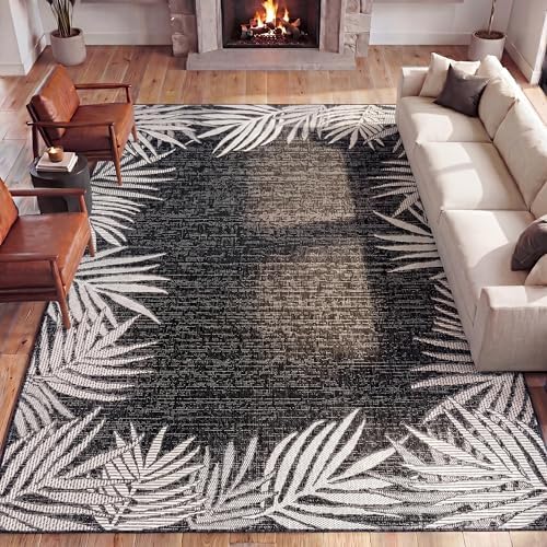 JONATHAN Y Tuscan Sun Polypropylene Indoor Outdoor Area Rug, Dark Gray and Ivory Isla Coastal Cottage Palm Frond Border Design, 2'11" x 4'11", Durable Low-Pile for Patio or Entryway TSN207D-3 - Image 3