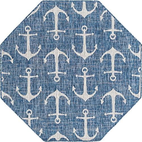 Unique Loom Outdoor Coastal Collection Area Rug - Ahoy (5' 3" Octagon, Blue/ Ivory) - Image 3