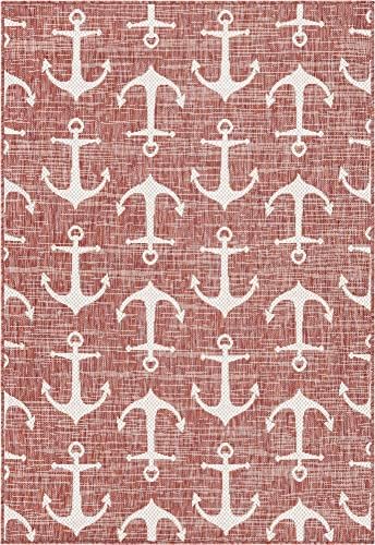 Unique Loom Outdoor Coastal Collection Area Rug - Ahoy (4' 1" x 6' 1" Rectangle, Rust Red/ Ivory) - Image 3