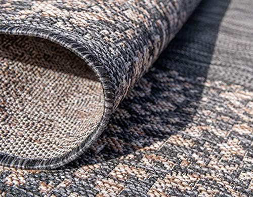 Unique Loom Outdoor Border Collection Area Rug - Floral Border (4' 1" Round, Charcoal Gray/ Beige) - Image 6