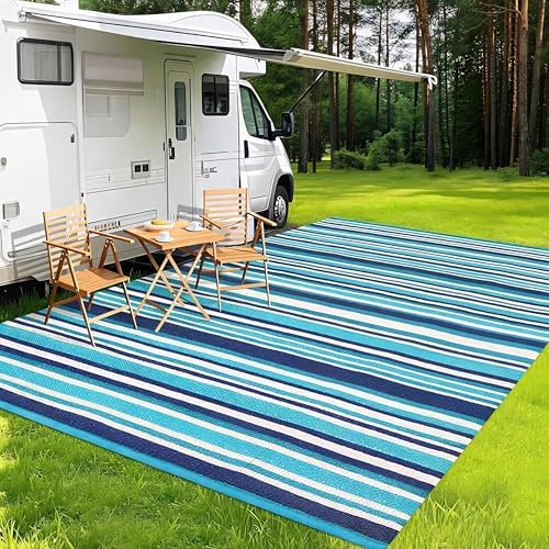Garvee Modern 9x12 Outdoor Rug Colorful Striped Blue Plastic Straw Rugs - Image 2