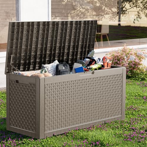 Outdoor Waterproof Resin Storage Deck Box Lockable Outside Bench UV Resistant Bin Patio Porch Furniture Pool Float Garden Tool Cushion (Grey, 110 Gallon) - Image 2