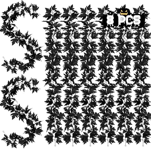 Helimoto 8 Pack Halloween Garland Outdoor, 47.2 FT Black Autumn Leaves Garland, Artificial Hanging Fall Decorations for Home, Fall Garlands for Autumn Thanksgiving Halloween Decor Wedding Party Mantle by Helimoto