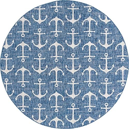Unique Loom Outdoor Coastal Collection Area Rug - Ahoy (10' Round, Blue/ Ivory) - Image 3
