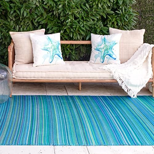 Fab Habitat Outdoor Rug - Waterproof, Fade Resistant, Crease-Free - Premium Recycled Plastic - Striped - Patio, Porch, Deck, Balcony, Sunroom - Cancun - Turquoise & Moss Green - 5 x 8 ft by FabHabitat