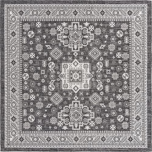 Rugs.com Outdoor Aztec Collection Rug – 10 Ft Square Charcoal Gray Flatweave Rug Perfect for Living Rooms, Kitchens, Entryways - Image 3