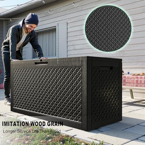 Outdoor Waterproof Resin Storage Deck Box Lockable Outside Bench UV Resistant Bin Patio Porch Furniture Pool Float Garden Tool Cushion (Black, 110 Gallon) - Image 2