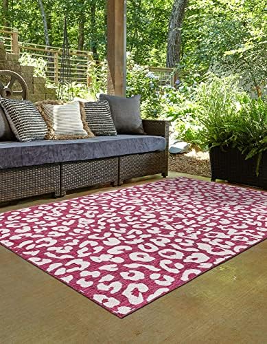 Unique Loom Outdoor Safari Collection Area Rug - Leopard (9' x 12' 2" Rectangle, Magenta/ Ivory) - Image 4