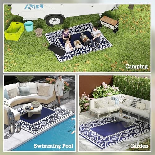 Outsunny Outdoor Rug for Patio Waterproof 9' x 10' Blue & White Gourd - Image 5