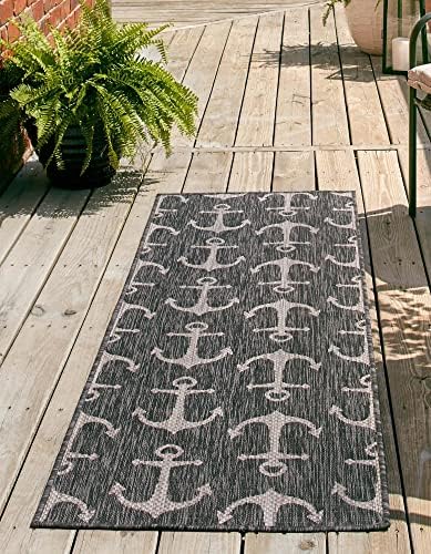 Unique Loom Outdoor Coastal Collection Area Rug - Ahoy (2' 7" x 12' Runner, Charcoal/ Ivory) by UniqueLoom