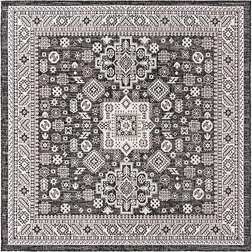 Rugs.com Outdoor Aztec Collection Rug – 8 Ft Square Charcoal Gray Flatweave Rug Perfect for Living Rooms, Kitchens, Entryways - Image 3