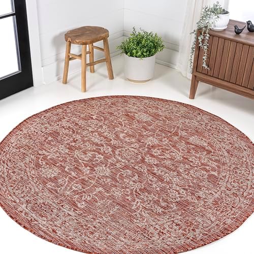 JONATHAN Y Weave Floral Indoor Outdoor Round Area Rug 5 Ft Red/Taupe, Tela Bohemian Textured for Backyard, Patio, Porch, Easy-Cleaning, High Traffic, Pet-Friendly, Non-Shedding (SMB100A-5R) - Image 4