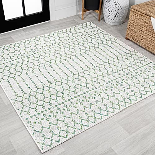 Eyely Moroccan Woven Square Rug 5X5 Green/Ivory, Indoor Outdoor Rug by eyely