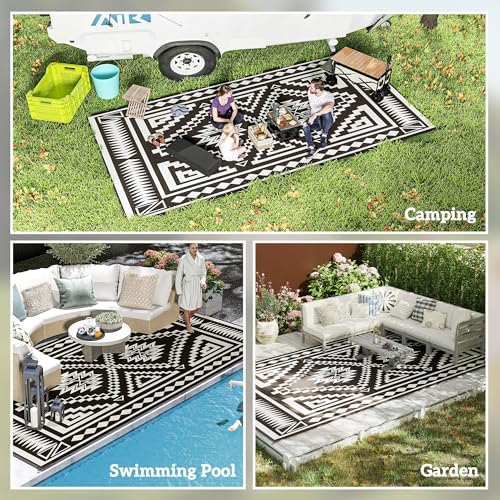 Outsunny Outdoor Rug for Patio Waterproof 9' x 18' Black & Gray Square - Image 5
