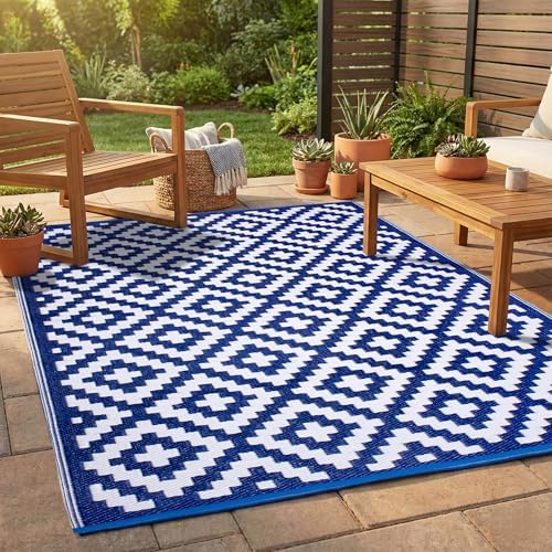 FH Home Outdoor Rug - Waterproof, Fade Resistant, Reversible - Premium Recycled Plastic - Geometric - Patio, Deck, Porch, Balcony, Laundry Room - Aztec - Blue & White Crease Free - 4 x 6 ft by FHHome