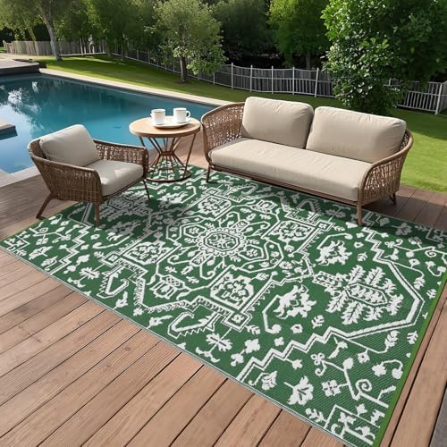GAOMON 9x18 Outdoor Rug Waterproof for Patio Picnic Non Shedding Plastic Straw Reversible Large Outdoor Rug for Front Back Door Pool RV Portable Boho Vintage Floral Carpet Outside Decor, Green White by GAOMON