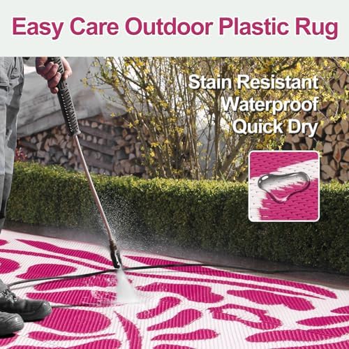 Wonnitar Outdoor Rugs 8x10,Plastic Outdoor Waterproof Patio Rugs Clearance,Reversible Large Outside RV Camping Mat,Portable Abstract Plant Lightweight Carpet for Backyard Deck Park (Pink, 8'x10') - Image 4