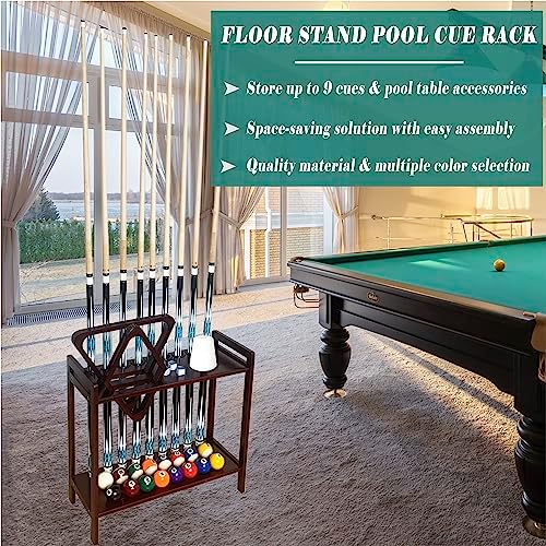 Pool Stick Holder Floor Stand Holds 9 Cues & Pool Table Accessories. Wooden 2-Tier Cue Stick Storage with Ball Rack Hangers, Billiard Cone Chalk Holder or Drink Pads - Image 5