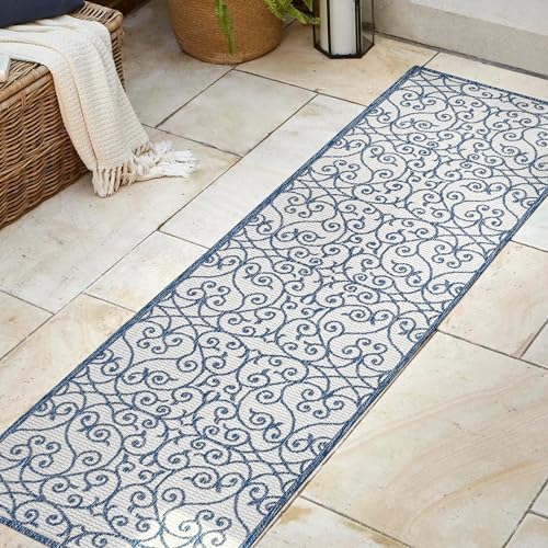 Eyely Filigree Weave Runner Rug 2X10 Blue/Cream, Indoor Outdoor Rug by eyely