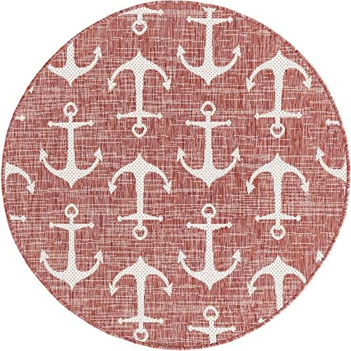 Unique Loom Outdoor Coastal Collection Area Rug - Ahoy (4' 1" Round, Rust Red/ Ivory) - Image 3