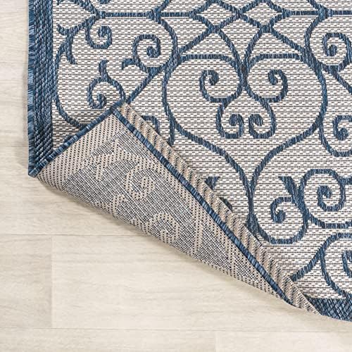 Eyely Filigree Textured Weave Round Rug 5 Ft Blue/Cream, Indoor Outdoor Rug - Image 6