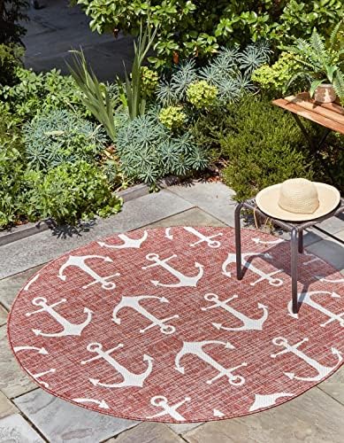 Unique Loom Outdoor Coastal Collection Area Rug - Ahoy (13' Round, Rust Red/ Ivory) by UniqueLoom