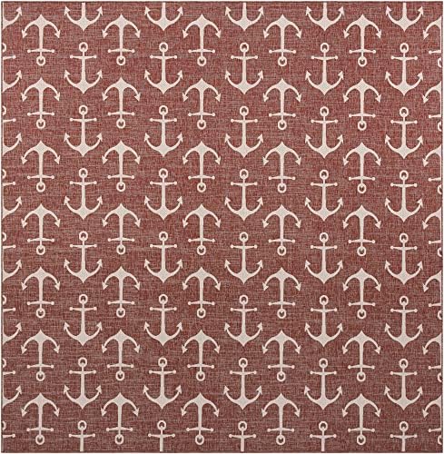 Unique Loom Outdoor Coastal Collection Area Rug - Ahoy (13' Square, Rust Red/ Ivory) - Image 2