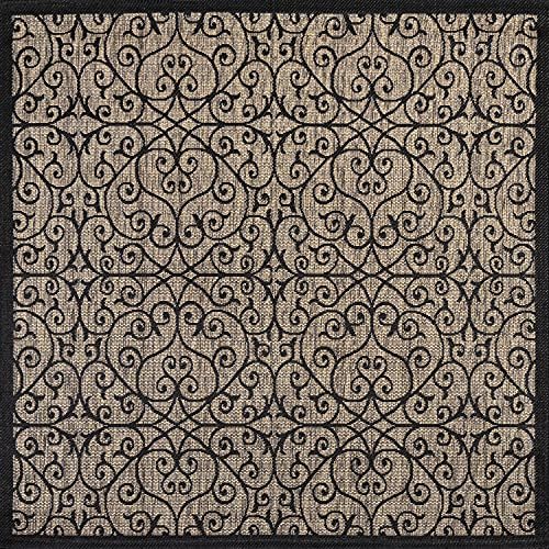 Eyely Filigree Weave Square Rug 3X3 Black/Khaki, Indoor Outdoor Rug by eyely