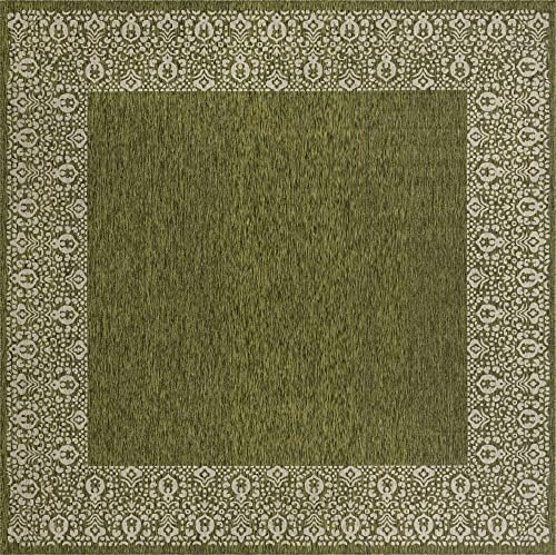Unique Loom Outdoor Border Collection Area Rug - Floral Border (13' Square, Green/ Ivory) - Image 3