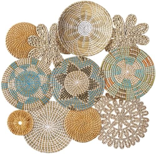 11 Pcs Boho Hanging Wall Basket Decor Handmade Woven Basket Wall Decorative Boho Wicker Baskets Placemats Round Farmhouse Bulrush Art for Rustic Home Decorations Christmas Gift(Bright) by Xuhal