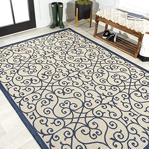 Eyely Filigree Textured Weave Area Rug 8X10 Navy/Beige, Indoor Outdoor Rug - Image 4