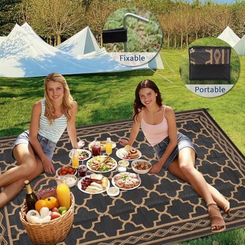 8x10 Plastic Straw Rug Reversible Mat Outdoor Vintage Trellis Area Rug Waterproof Patio Rugs Outdoor Camping Rugs for RV Porch Deck Camper Balcony Backyard Easy Clean Picnic Mat, Black Brown - Image 7