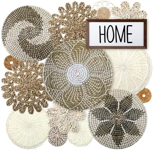 Xuhal 15 Pcs Boho Wall Basket Decor Handcrafted Seagrass Woven Wall Basket Rustic Round Woven Hanging Art for Home Farmhouse Kitchen Table Living Room(Elegant Style) by Xuhal