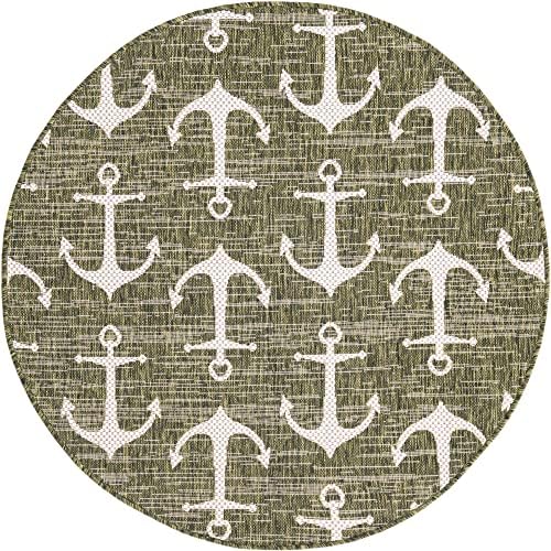 Unique Loom Outdoor Coastal Collection Area Rug - Ahoy (4' 1" Round, Green/ Ivory) - Image 3