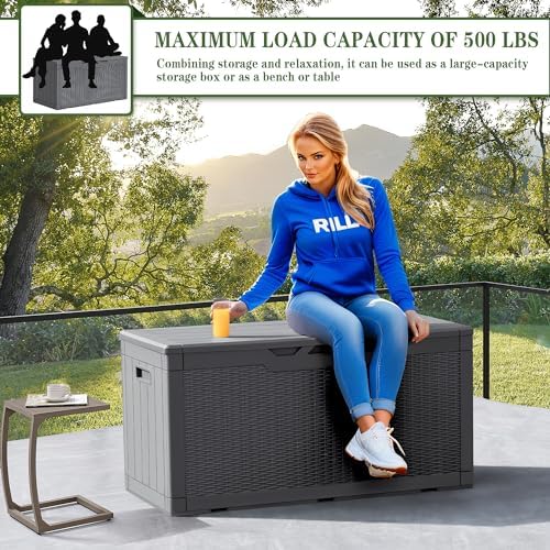 Greesum 100 Gallon Resin Deck Box Large Outdoor Storage, Imitation Rattan Weave Texture for Patio Furniture, Garden Tools, Pool Supplies, Weatherproof and UV Resistant, Lockable, Gray - Image 4
