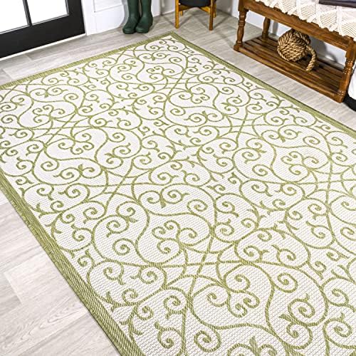 Eyely Filigree Textured Weave Area Rug 4X6 Green/Cream, Indoor Outdoor Rug - Image 5