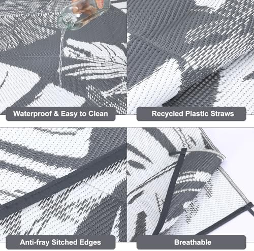 COZYLOOM Outdoor Rug 10 x 14 Large Plastic Straw Rug, Waterproof Patio Rug, UV-Resistant Reversible Mat with 4 Stakes, Tropical Leaf Outside Carpet for Backyard, RV, Deck, Picnic, Gray White - Image 6