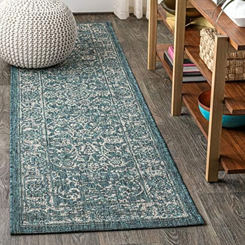 JONATHAN Y Weave Floral Indoor Outdoor Runner Rug 2X10 Teal/Gray, Tela Bohemian Textured for Backyard, Patio, Porch, Easy-Cleaning, High Traffic, Pet-Friendly, Non-Shedding (SMB100C-210) - Image 3