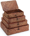 Didaey Set of 4 Seagrass Basket with Lid Wicker Storage Basket Decorative Storage Boxes with Lids Flat Storage Bins Woven Organizer Baskets for Shelf Closet Bedroom, 4 Sizes (Dark Brown) by Didaey