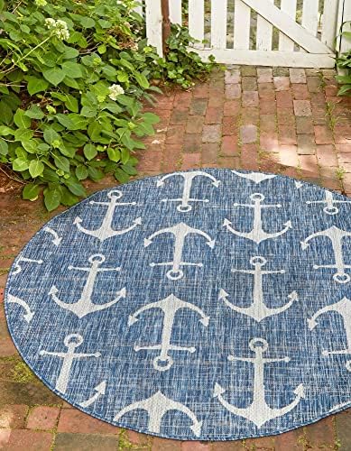 Unique Loom Outdoor Coastal Collection Area Rug - Ahoy (3' 3" Round, Blue/ Ivory) by UniqueLoom