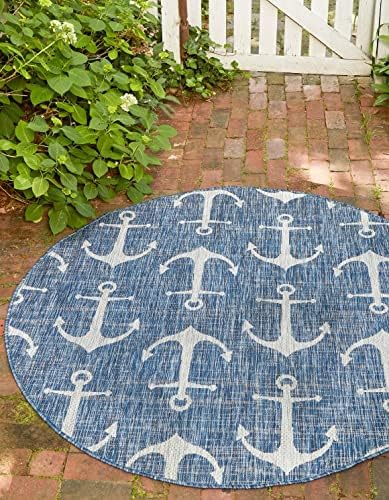 Unique Loom Outdoor Coastal Collection Area Rug - Ahoy (10' Round, Blue/ Ivory) by UniqueLoom