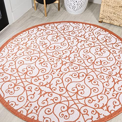Eyely Filigree Weave Round Rug 5 Ft Cream/Orange, Indoor Outdoor Rug by eyely