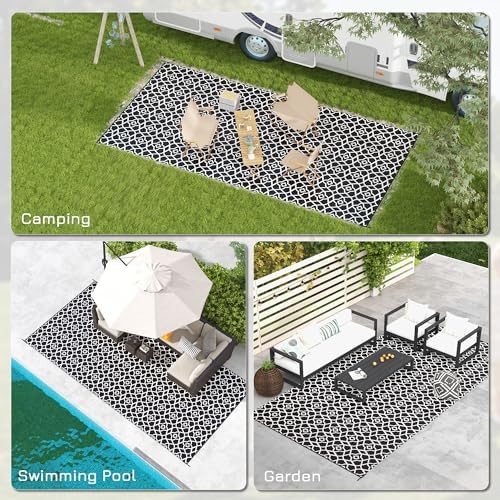 Outsunny Outdoor Rug for Patio Waterproof, 9' x 18', Black & White Clover - Image 5