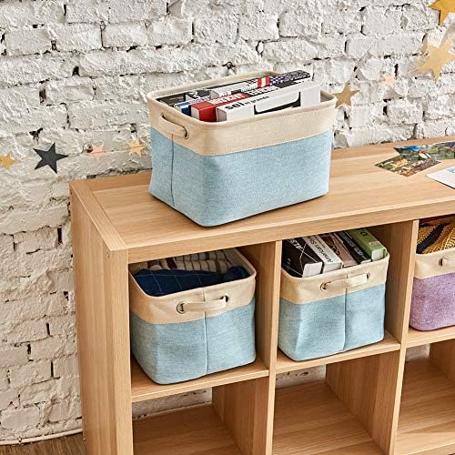 EZOWare Set of 3 Large Canvas Fabric Tweed Storage Organizer Cube Set W/Handles for Nursery Kids Toddlers Home and Office - 15 L x 10.5 W x 9.4 H -blue - Image 2