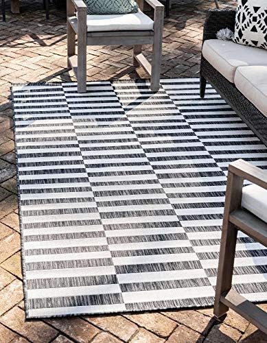 Unique Loom Outdoor Striped Collection Area Rug - Striped (7' 1" x 10' Rectangle, Charcoal/Ivory) by UniqueLoom